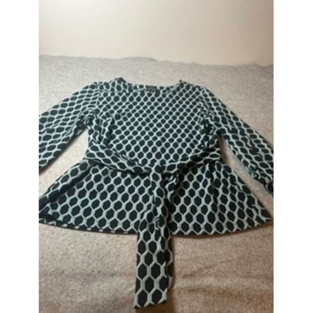 Worthington Womens Black Blue Geometric Honeycomb Tie Waist Blouse Size M Chic